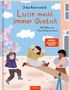 "Luise macht immer Quatsch" von Julia Knörnischild. Illustration: Kinder auf Wippe, Kirschblüten, blauer Hintergrund., Buch