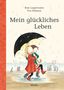 Text: "Mein glückliches Leben". Zwei Kinder unter einem Regenschirm, laufen fröhlich durch eine Pfütze, im Hintergrund Regen., Buch