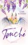 Text: "GABI SCHMID", "Touché", "ROMAN". Aquarell-Illustration mit Brücke, Menschen, Kirchtürmen und lila Blumen., Buch