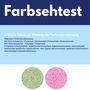 Text: "Farbsehtest, Ishihara Tafeln zur Prüfung der Farbwahrnehmung." Zwei bunte Kreise mit Zahlen darin., Buch