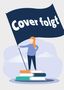 „Cover folgt“ in großen weißen Buchstaben auf einem blauen Banner. Eine Person steht auf gestapelten Büchern.