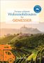 "Europas schönste Wohnmobilrouten für GENIESSER." Logo mit blauem Wohnmobil. Weinberge im Sonnenuntergang., Buch