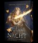 "Evelyne Aschwanden. So hell die Nacht. Die Immernacht-Chroniken." Illustration einer Person mit leuchtendem Schwert und Motten.