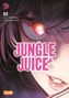 "Jungle Juice" in großer Schrift. Ein stilisiertes Auge mit leuchtend roter Iris, femininer Mund, Haare teils sichtbar., Buch