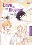 „Love is an Illusion! Story & Art by Fargo 3.“ Eine Illustration mit drei Personen. Person mit Blumen, Baby mit Schnuller., Buch