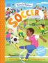 "COVER TO BE REVEALED, Time to explore SOCCER, Andrea Mills". Grüner Hintergrund mit einem schwarz-weißen Fußballdesign am Rand.
