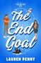 „The End Goal“ von Lauren Penny. Illustration mit Mann, Frau, Kaffeebecher, Schlittschuhen, Schneeflocken auf blauem Hintergrund., Buch
