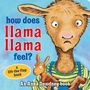 „how does llama llama feel?“ Ein gezeichnetes Lama hält ein Kuscheltier, blauer Hintergrund.