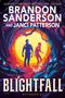 Text: "Brandon Sanderson and Janci Patterson. Blightfell Riftwake 01." Silhouetten eines Mannes und einer Frau vor leuchtendem Hintergrund., Buch