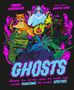 "Ghosts" in großer blauer Schrift, umgeben von geisterhaften Wesen wie einem kopflosen Reiter, einer geisterhaften Frau und einer Katze.