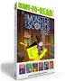 „READY TO READ“, „A JUNIOR MONSTER SCOUTS CASE!“, sechs bunte Monster-Cover, ein grüner Monster-Scout in einer Bibliothek.