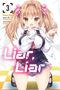„ライアー・ライアー 3“ auf Japanisch, Anime-Stil-Mädchen in Schuluniform, fröhlicher Ausdruck. Texthinweis: „COVER NOT FINAL“., Buch