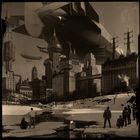Futuristische Illustration einer Stadt mit Luftschiffen und neugierigen Menschen vor verschneiter Skyline und Fluss.