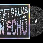 "SOFT PALMS IN ECHO" steht in diagonalen Linien. Farbige Hintergründe, gemusterte Vinyl-Schallplatte daneben.