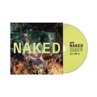 Albumcover mit großem Text "NAKED", ein Mensch hält einen Spiegel. Hintergrund abstrakt, CD in Gelbton.