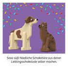 „Sooo süß! Niedliche Schokotiere aus deiner Lieblingsschokolade selber machen.“ Zwei Tierfiguren auf lila Hintergrund.