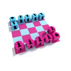 Schachbrett in Pink und Blau mit zylindrischen Steinen, schwarz bedruckt, in Frontansicht.
