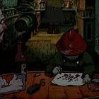 Eine Comic-Szene: Ein Mann mit Bart sitzt an einem Tisch mit Flasche und Tasse. Ein Kind malt mit Wachsmalstiften.