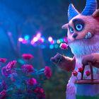 Illustration eines pelzigen Monsters mit Hörnern in buntem Licht, das Rosen pflückt und einen Eimer hält.