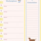 Links steht "Wochenplaner" mit Wochentagen, rechts "Einkaufsliste". Umrandungen mit Herzen und ein Dackel unten.