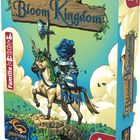 "Bloom Kingdom" in blauer Schrift auf einem Schild mit Vogel. Ein Ritter mit Rosenhelm reitet ein Einhorn. Familie 8+ Spiel.