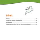 Text: "Inhalt, Vorwort 4, Geschichten erfinden leicht gemacht 6, Vorbereitung 6, Eine Beispielgeschichte 8". Illustration: Fröhliches Gespenst.
