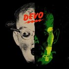 Text: "DEVO," "Ohio's only haunted house..." Eine halbierte, verzerrte Gesichtsillustration mit unterschiedlichen Farben.