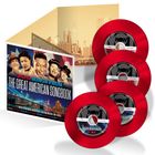 100 Songs From The Great American Songbook. Rotes Vinyl Set mit Fotos berühmter Musiker und einer Stadt-Silhouette im Hintergrund.