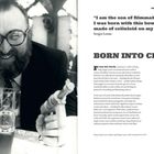"I am the son of filmmakers..."; geboren in Kino; rechts Text über Sergio Leone; links Mann mit Bart, Brille, Glas und Wasserpistolen.