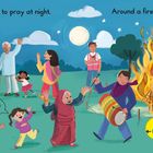 Text: „First we gather to pray at night, around a fire burning bright.“ Menschen tanzen um ein großes Feuer.