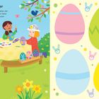 "Bunte Ostereier. Hilf den Kindern beim Gestalten der Ostereier." Kinder malen Eier, Frühlingsthema mit Blumen und Bäumen.