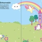 "Magisches Einhornreich: Klebe die niedlichen Einhörner in den Garten des Palastes." Illustration mit fröhlichen Einhörnern, Regenbogen, Schloss und Blumen.