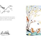 Text: "Spring, when all the little birds and animals are glad, and full of a desire to do all kinds of hoppity-skippity, up-in-the-airish things!" Links schwarz-weiße Zeichnungen von Tieren, rechts bunte Illustration mit Tieren und Bäumen im Frühling.