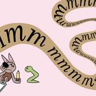 „Hmm“ steht in einer geschwungenen Sprechblase. Kaninchen mit Bleistift, neben einer grünen Schlange, sitzt nachdenklich.