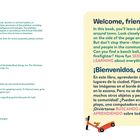 Zwei Seiten mit Anleitungen in Englisch und Spanisch. Illustrationen mit einer Person und einem Hund auf einem Roller.
