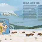 Schriftzug: "HOW BISON BUILT THE PLAINS". Eine Illustration zeigt Bisons auf einer schneebedeckten Ebene vor Bergen. Eine Karte zeigt die Great Plains.