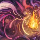 Text: "Fire — you can see, smell, feel and even hear it... What is fire?" Illustration: helles Feuer in wirbelnden Farben.