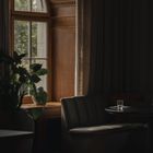 Kein Text vorhanden. Ein gemütlicher Raum mit Holztisch, Pflanzen, rundem Fenster und gedämpftem Licht.
