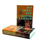 Text: "DIE INSEL DER SCHIMPANSEN". Zwei Bücher von John Ironmonger mit einem Schimpansen auf dem Cover.