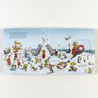Text: Der Bär läuft eilig bis zum Strand... Illustrationen von Tieren im Schnee, spielend und aktiv, Winterlandschaft.