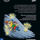 "Drei Fragezeichen Kids verfolgen eine Spur. Illustration von Kindern auf einem Schlitten mit Funken und Sternen."