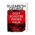 "Elizabeth George, Gott schütze dieses Haus, Kriminalroman, Goldmann." Roter Hintergrund mit Landschaft; kleines Haus erkennbar.
