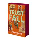 "TRUST FALL", Roman von Lynn Painter, Straßenschild "5th & Broadway". Illustration von Personen in einer urbanen Herbstszene.