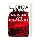 Text: Lucinda Riley, Die Toten von Fleat House, Kriminalroman, Goldmann. Rotes Cover mit Herrenhaus und Bäumen.