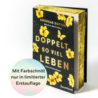 Text: "Mit Farbschnitt nur in limitierter Erstauflage." Cover: Gelbe Blumen, goldener Titel.