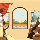 Illustration: Ein Mann mit Bart und Hut sitzt nachdenklich vor einem Fenster. Daneben ein Bild der Mona Lisa.