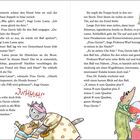 Texte: "Hier leben und arbeiten Frau Dr. Eulalia und Herr Professor M. Wurf." Illustrationen: Tiere in Kleidung, Lama überrascht.