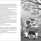 Text beschreibt eine Szene mit Tauben, Familie, einem Hecht und Libellen. Illustration zeigt Menschen vor einem Haus unter einem Baum.