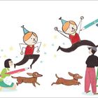 Eine Illustration zeigt fröhliche Figuren mit farbigen Hüten, die spielerisch umherlaufen; Hunde begleiten sie.