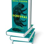 BUCHTITEL: "Scheusal" von Julia Fischer. Illustration von Hyäne in türkis und gelb; Bücherstapel.